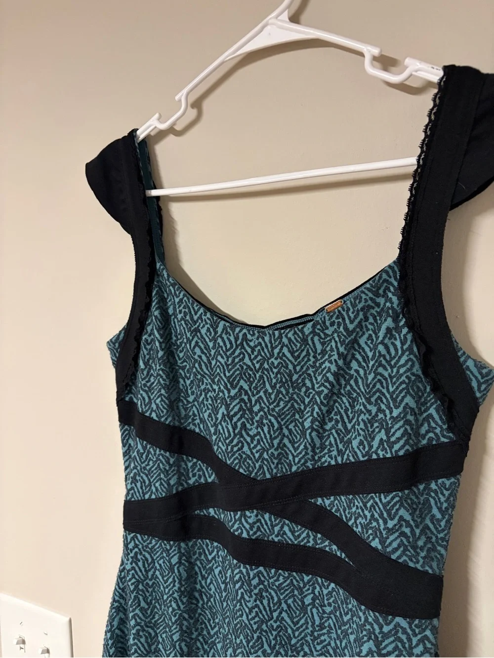 Teal Patterned Fit-and-Flare Dress with Black Accent
